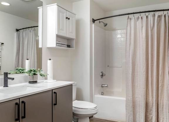a bathroom with a shower and a sink and a toilet at Highland Mill Lofts, Charlotte, North Carolina