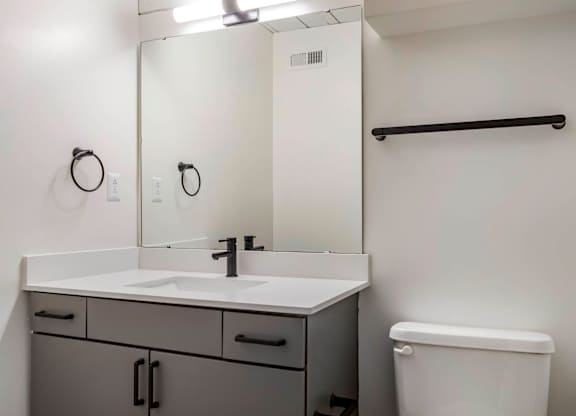 a bathroom with a sink and a mirror and a toilet at Highland Mill Lofts, North Carolina