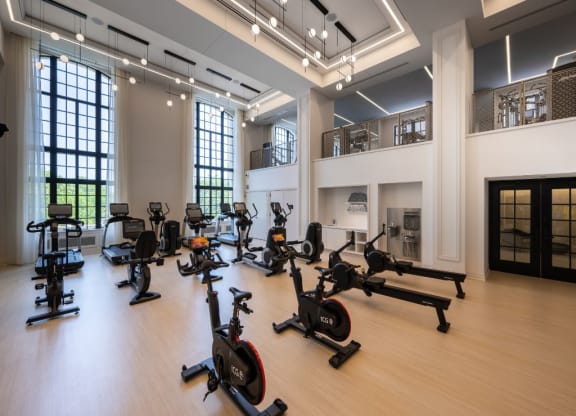 a gym with weights and exercise equipment in a large room  at The Belden Stratford, Chicago, IL