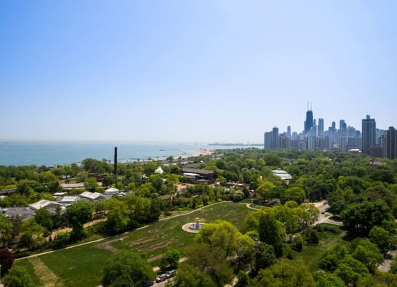 an aerial view of the city and the lake  at The Belden Stratford, Illinois