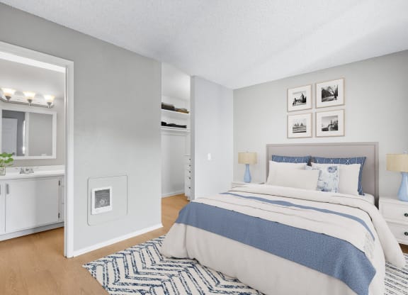 a bedroom with a bed and a closet