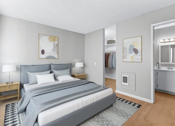 a bedroom with a bed and a closet