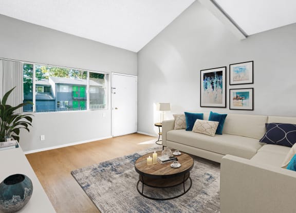 a living room with a couch and a coffee table