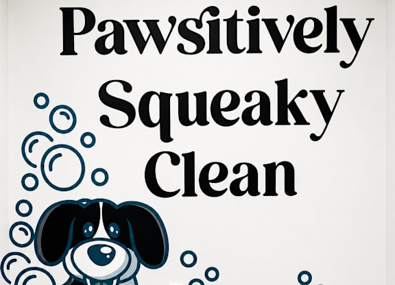 A wall with a drawing of a dog and a cat with bubbles around them and the words "Pawsitively Squeaky Clean" written above them.