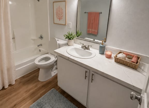 A bathroom with a toilet, sink, mirror, and a rug on the floor.