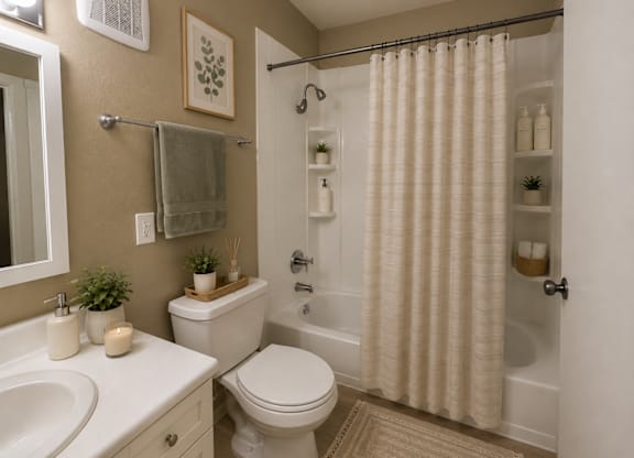 A bathroom with a toilet, sink, and shower.