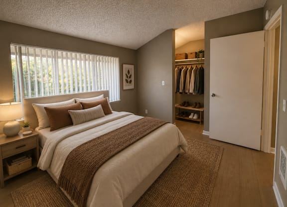 A bedroom with a large bed and a closet.