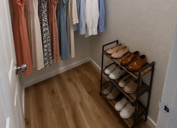 Clothes hanging on a rack in a closet.