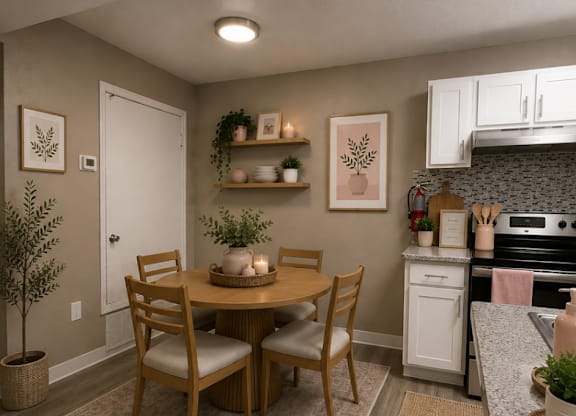 A kitchen with a table and chairs in the middle of the room.