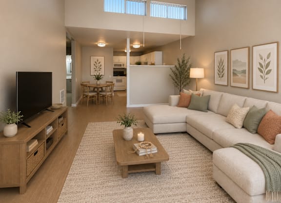 A living room with a couch, a coffee table, and a television.