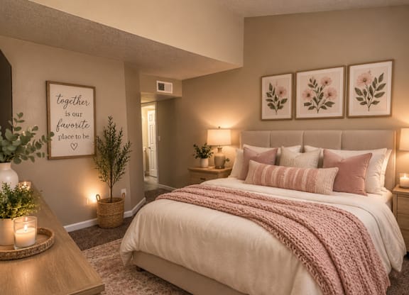 A bedroom with a bed, a nightstand, and a rug.