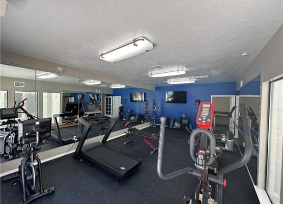 A gym with treadmills, exercise bikes, and other equipment.