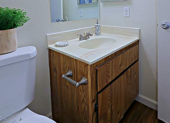 a bathroom with a toilet sink and mirror