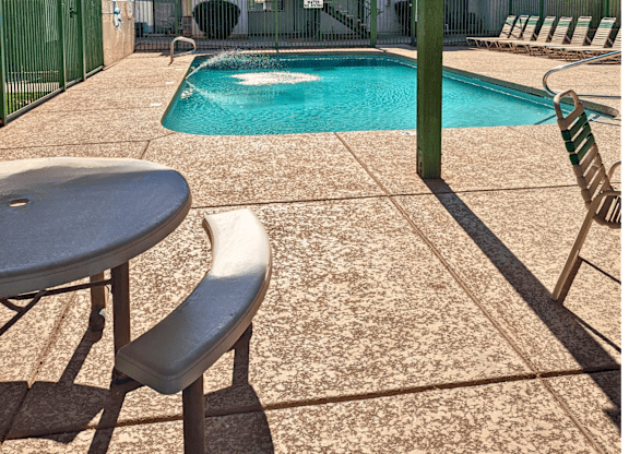 our apartments in a city have a large pool and hot tub