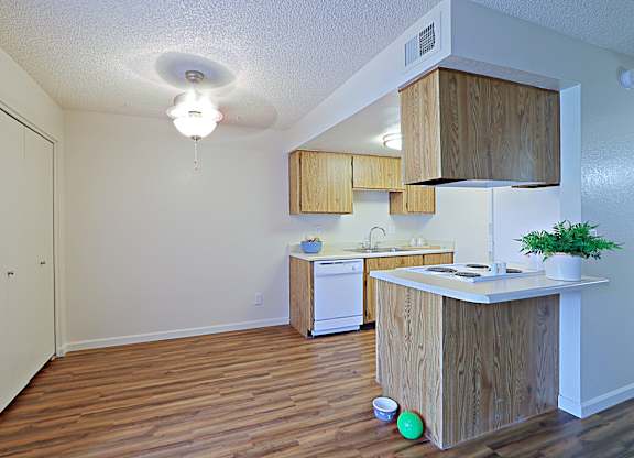 a kitchen and living room in an apartment