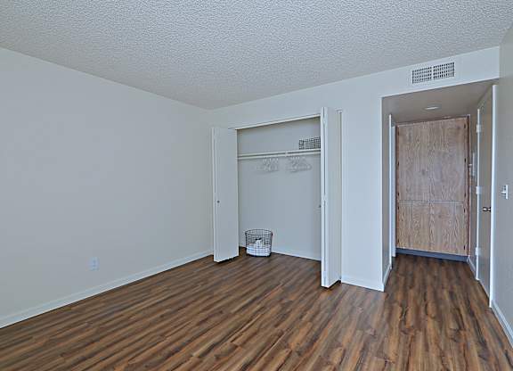 a bedroom with hardwood floors and a closet with an open door