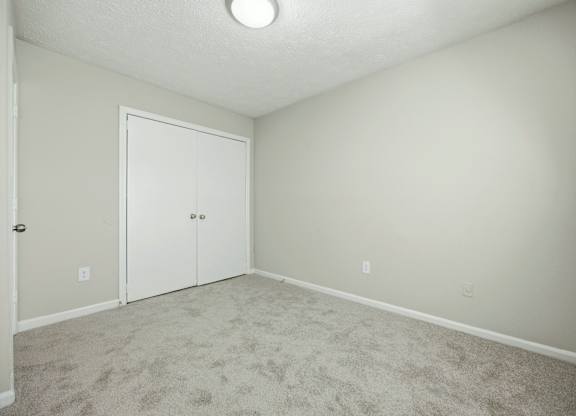 A room with a carpeted floor and two white doors.