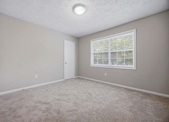 A room with a carpeted floor and a window with blinds.
