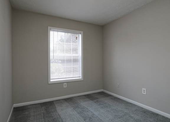 A room with a window and a carpeted floor.