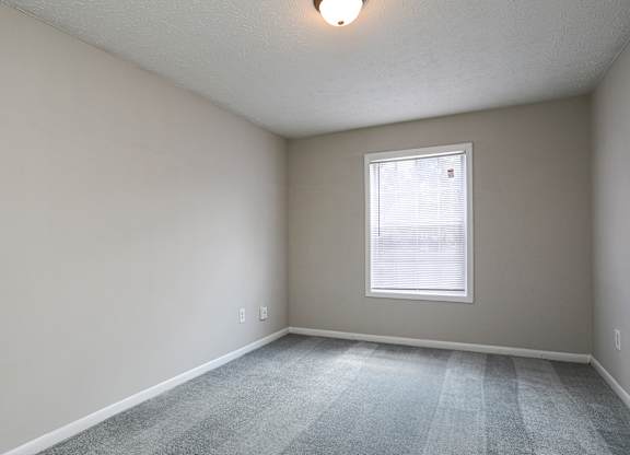 A room with a carpeted floor and a window.