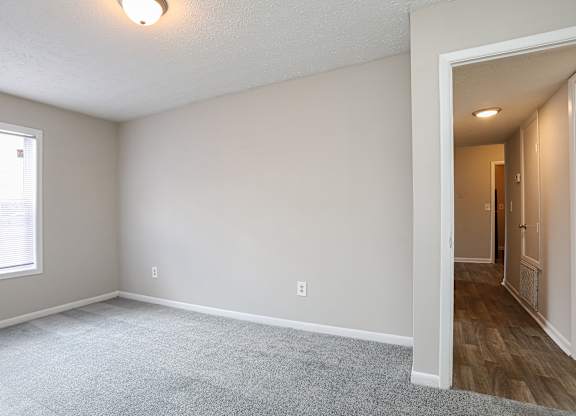A room with a carpeted floor and a window.