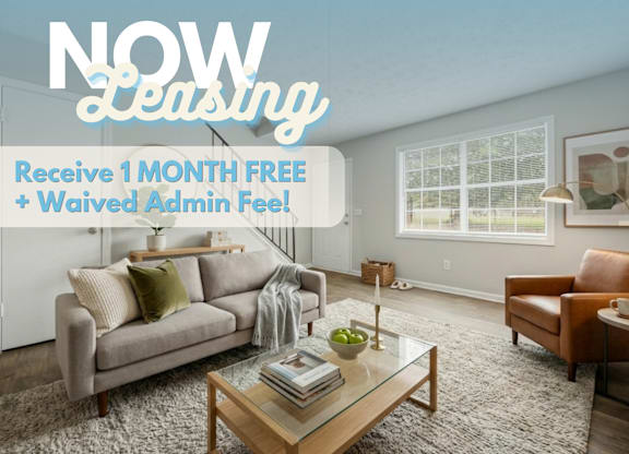 A living room with a couch, chair, and coffee table is advertised as "NOW Leasing" with a promotion for 1 month free and waived admin fee.