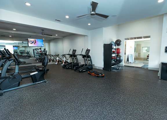 A gym with treadmills, exercise bikes, and other equipment.