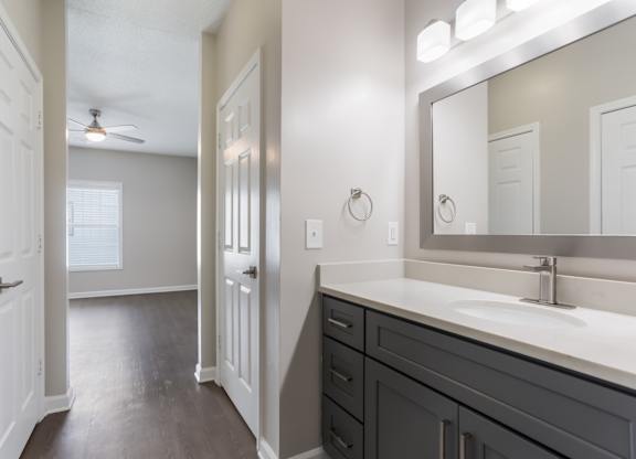 A bathroom with a vanity and a mirror.
