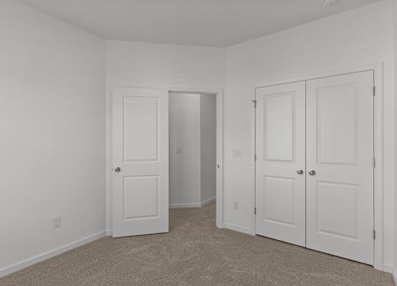 bedroom with white doors and white walls and carpeting and a closet