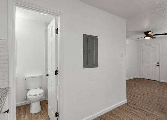 an open bathroom and living room with a toilet and a ceiling fan