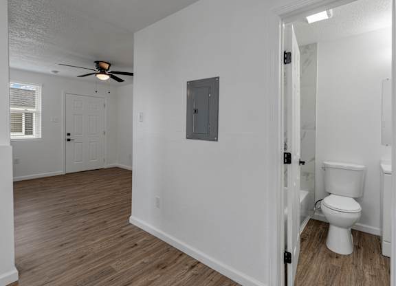 an open bathroom and living room with a toilet and a ceiling fan