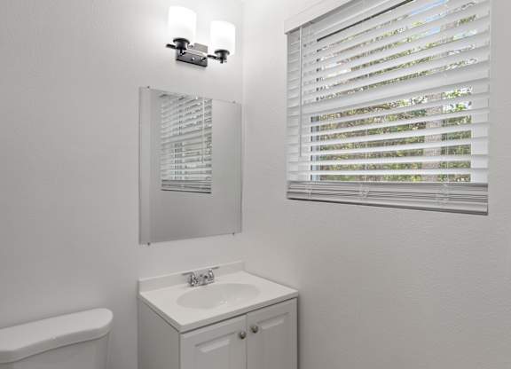 a bathroom with a sink and a mirror and a window