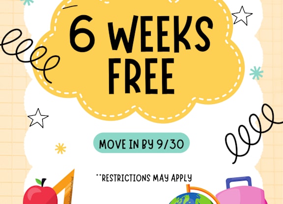 A poster advertises a 6 weeks free offer at The Haven at Triad Park, with move-in dates in September or October, and notes that restrictions may apply.