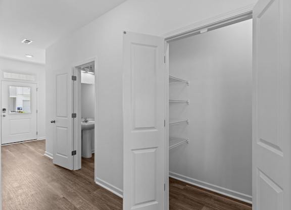 A white pantry with a white door and a white sink.