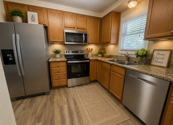 A kitchen with wooden cabinets and a refrigerator.