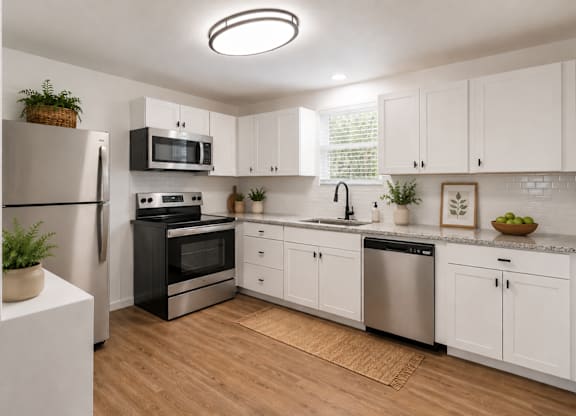 A kitchen with white cabinets and a black fridge.