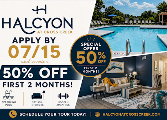 A promotional image for Halcyon at Cross Creek offering a 50% discount for the first two months.