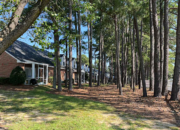 A house is surrounded by tall trees.