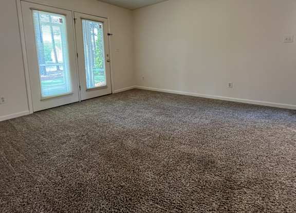 A room with a carpeted floor and a ceiling light.