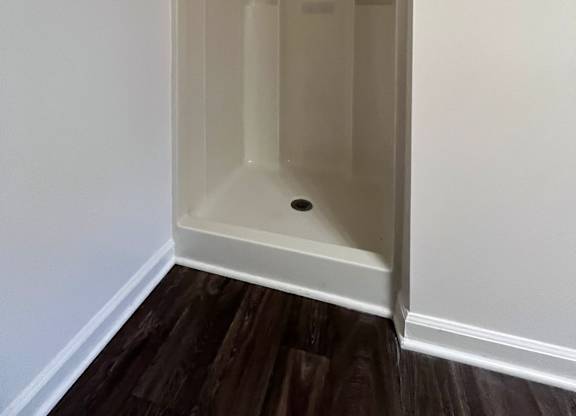 A white bathroom with a shower stall and a wooden floor.