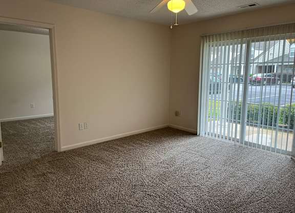 A room with a carpeted floor, a ceiling fan, and a sliding glass door.