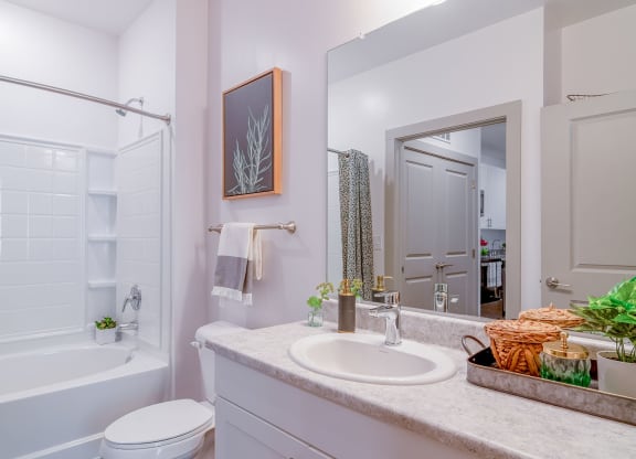 a bathroom with a sink and a tub and a mirror at Carmel Vista, McDonough, GA