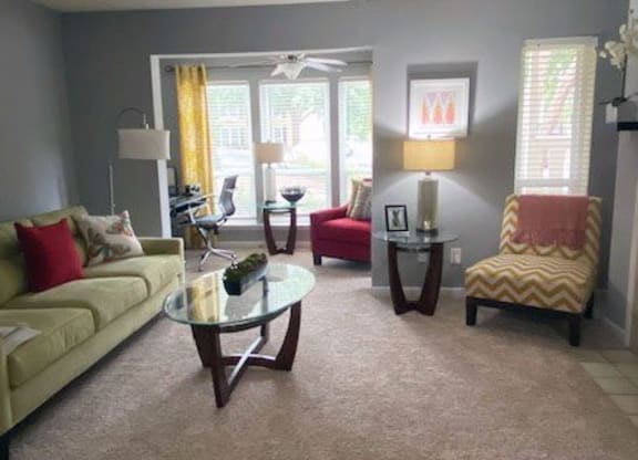Living Room looking toward sliding glass doors to patio at Laurel Oaks, Raleigh, 27613