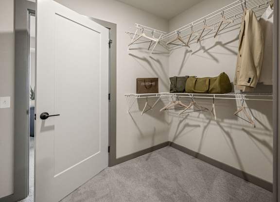 a walk in closet with a white door and a white closet door to a bedroom