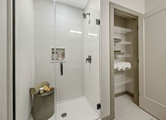 a bathroom with a shower and a closet
