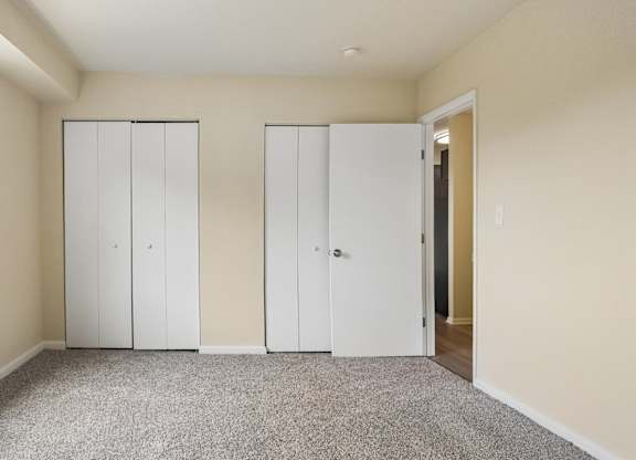 A room with two white closet doors and a carpeted floor.