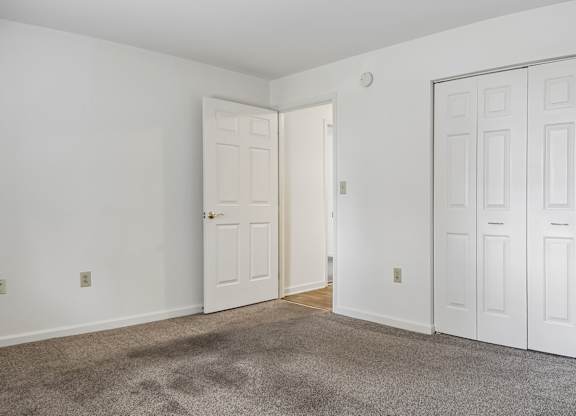 A room with a carpeted floor and two white doors.
