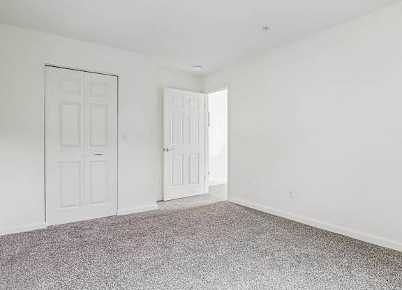 A room with two white doors and carpeted floor.