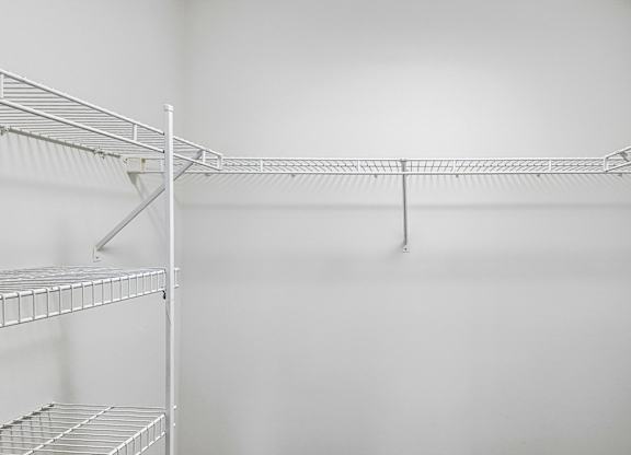 Empty shelves in a white pantry.
