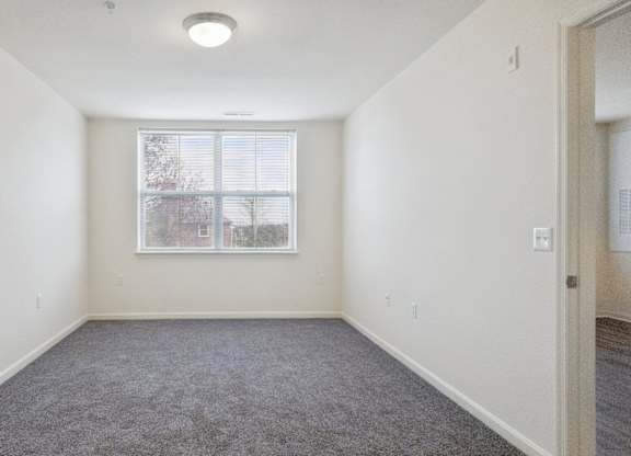 A room with a carpeted floor and a window.